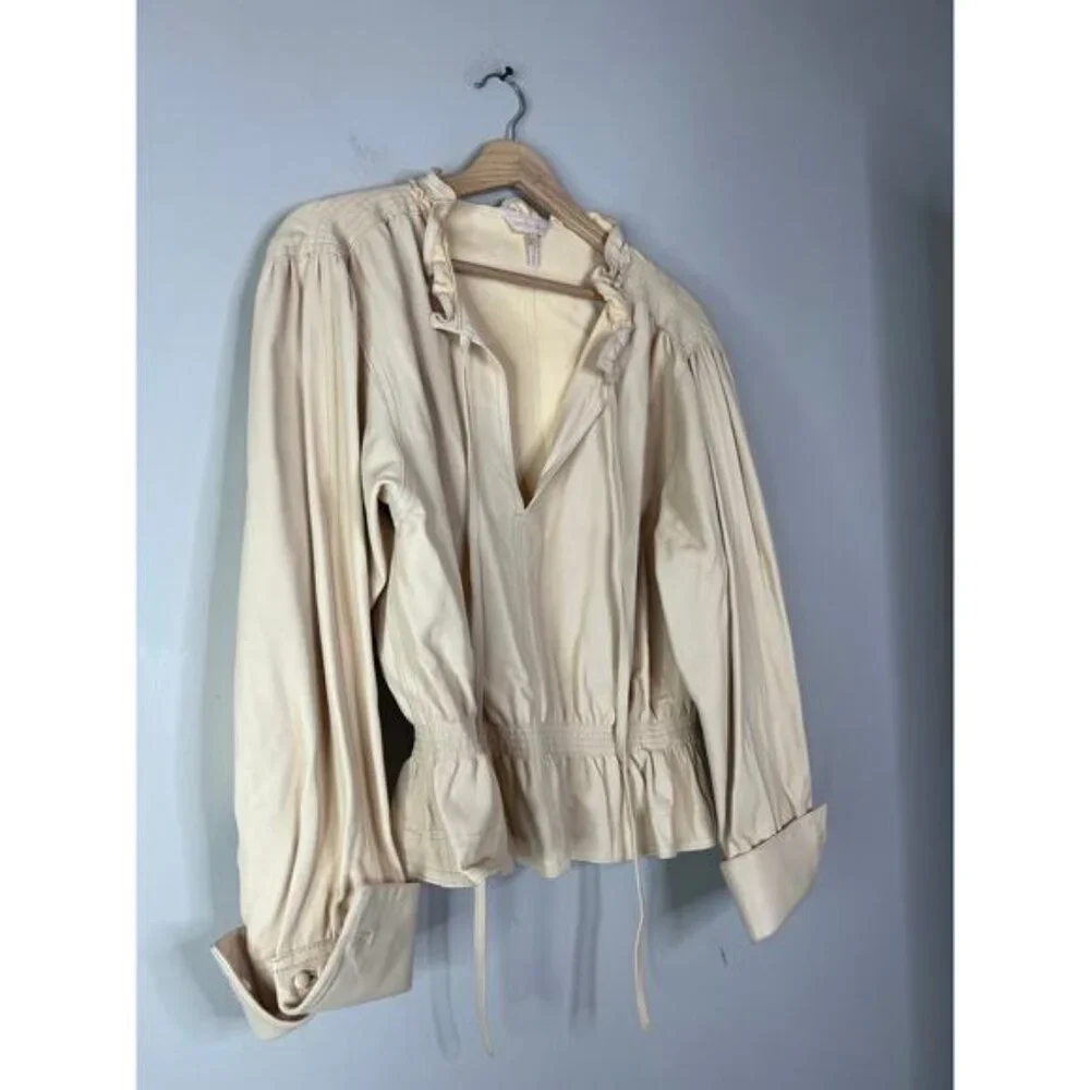 NEW Rebecca Taylor Long Sleeve Straw Smocked Waist Leather Blouse Top Cream - Picture 3 of 7